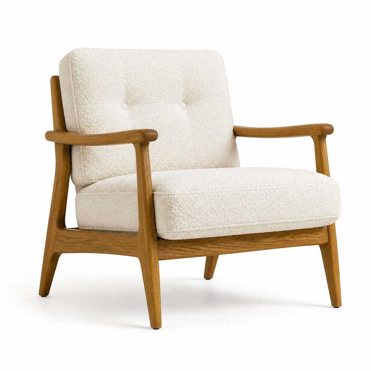 Sillón de madera de roble con tapizado de poliéster crema
