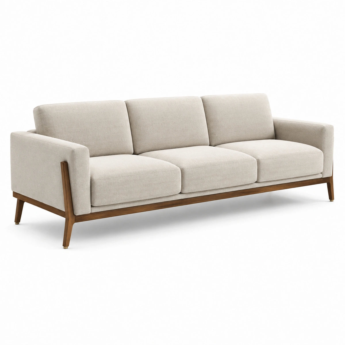 Sofá de 3 plazas beige con tejido de poliéster y patas de madera