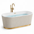 Bañera independiente de resina blanca y beige con base dorada