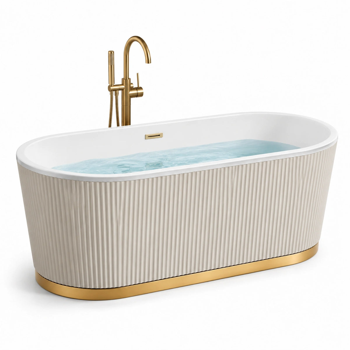 Bañera independiente de resina blanca y beige con base dorada