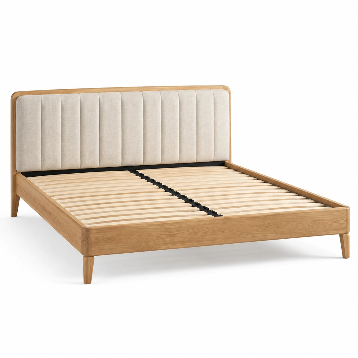 Cama doble de madera de roble con cabecera de poliéster beige 200x160 cm