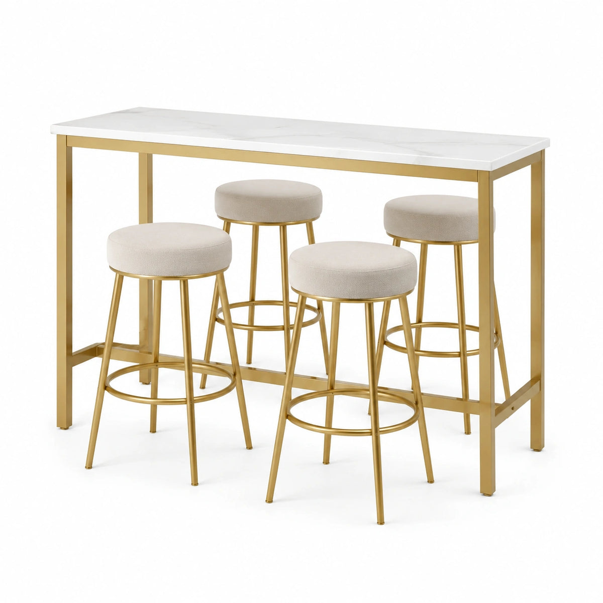 Conjunto de bar con mesa de mármol y taburetes de acero dorado con tapizado beige