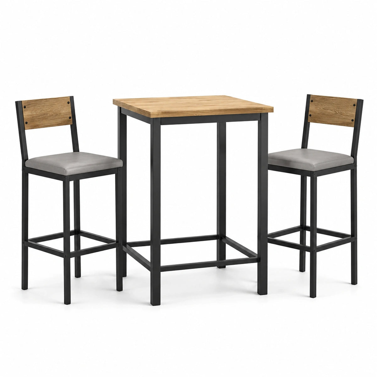 Conjunto de bar de madera y metal negro con sillas grises