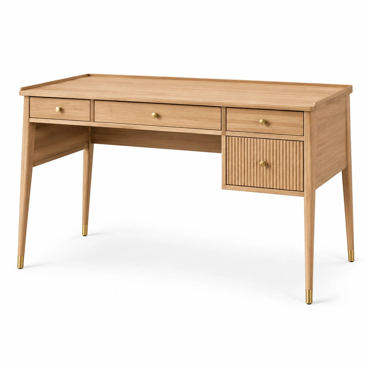 Escritorio de madera de roble claro con cajones y gabinete