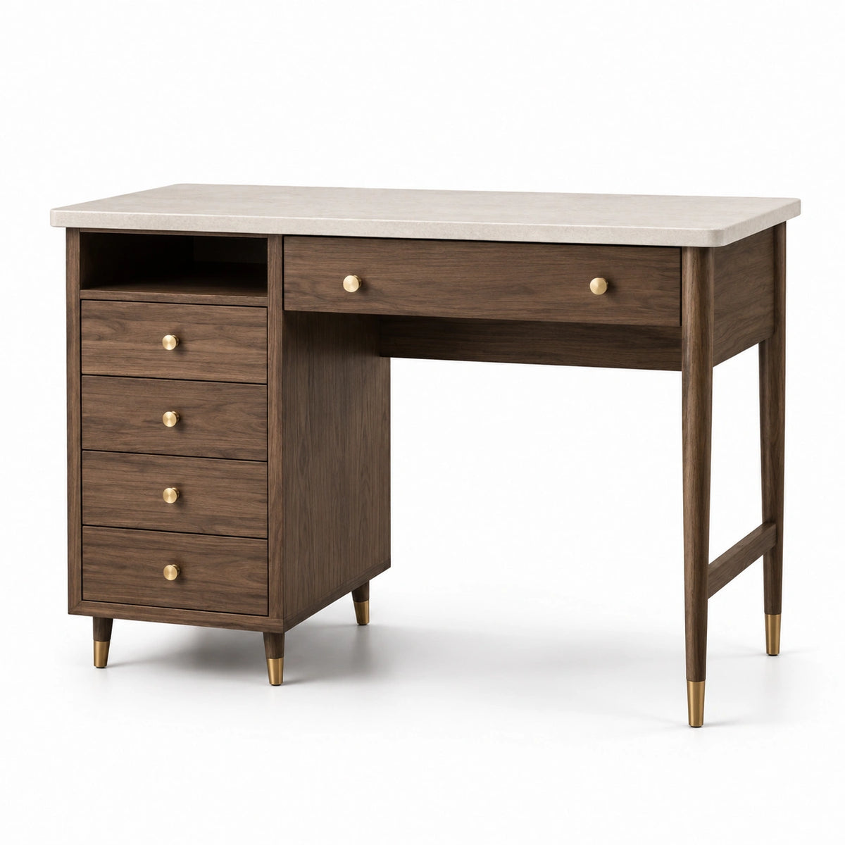 Escritorio marrón de madera y MDF con cajones dorados 120x60x75 cm