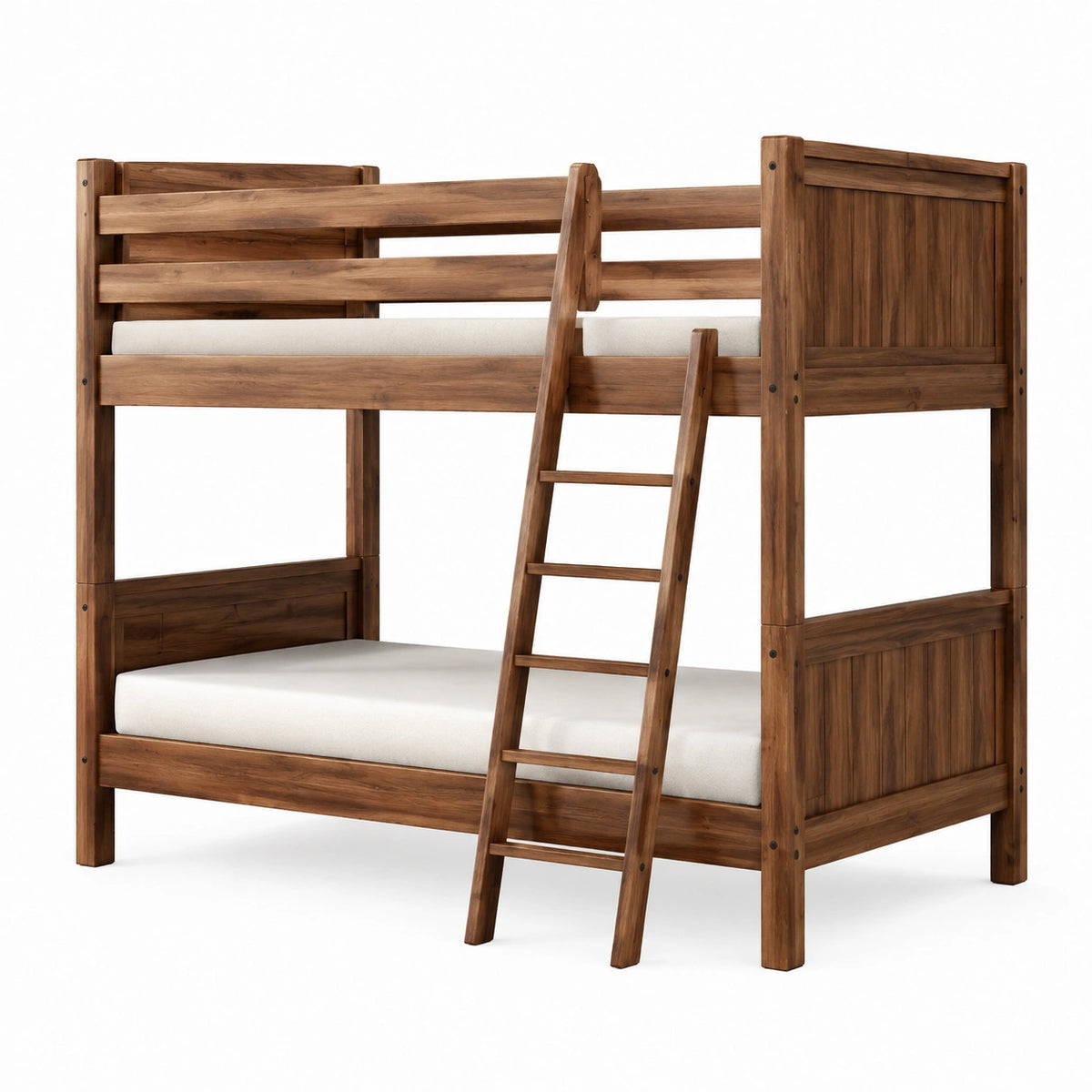 Litera de madera de acacia marrón con escalera y colchones 200x90 cm