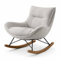 Silla mecedora de tela gris, metal y base de madera