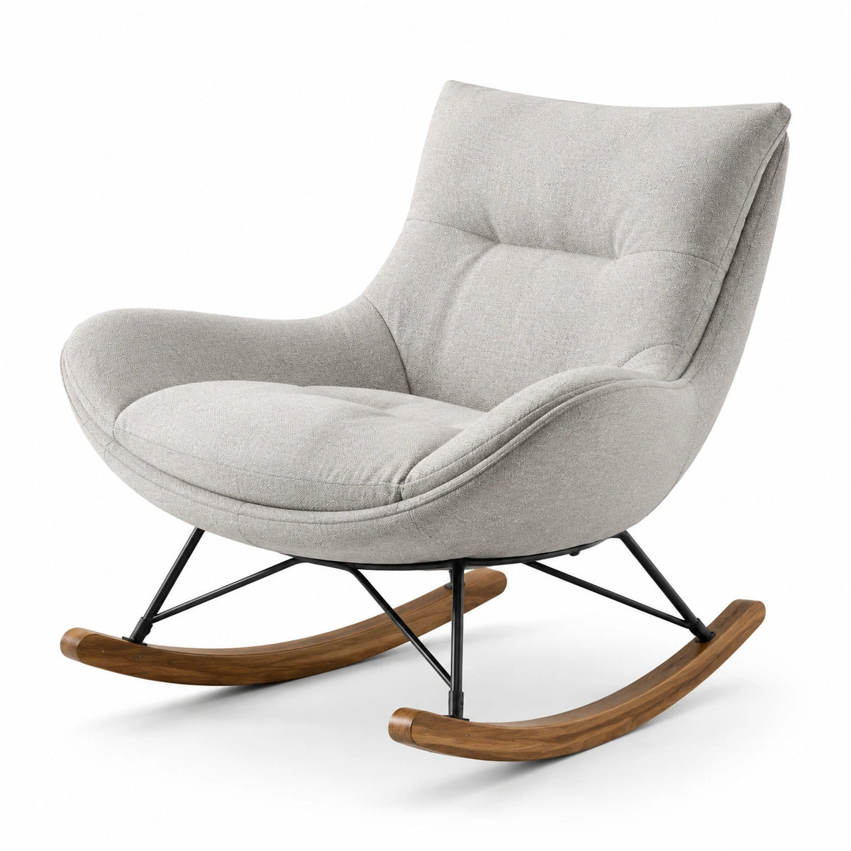 Silla mecedora de tela gris, metal y base de madera