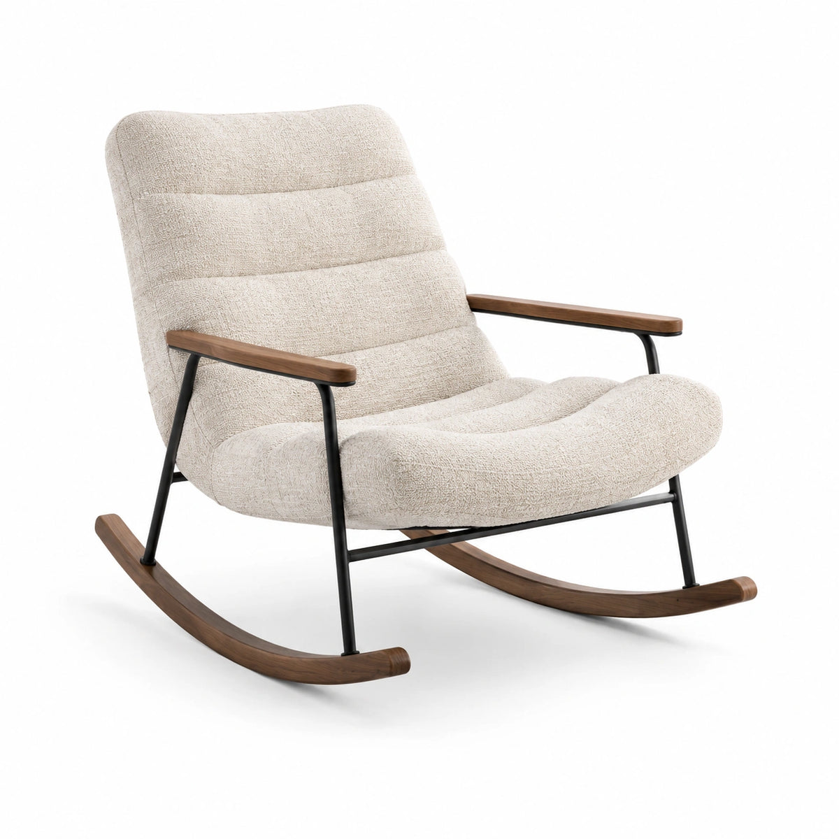 Mecedora de poliéster beige con estructura de metal y madera