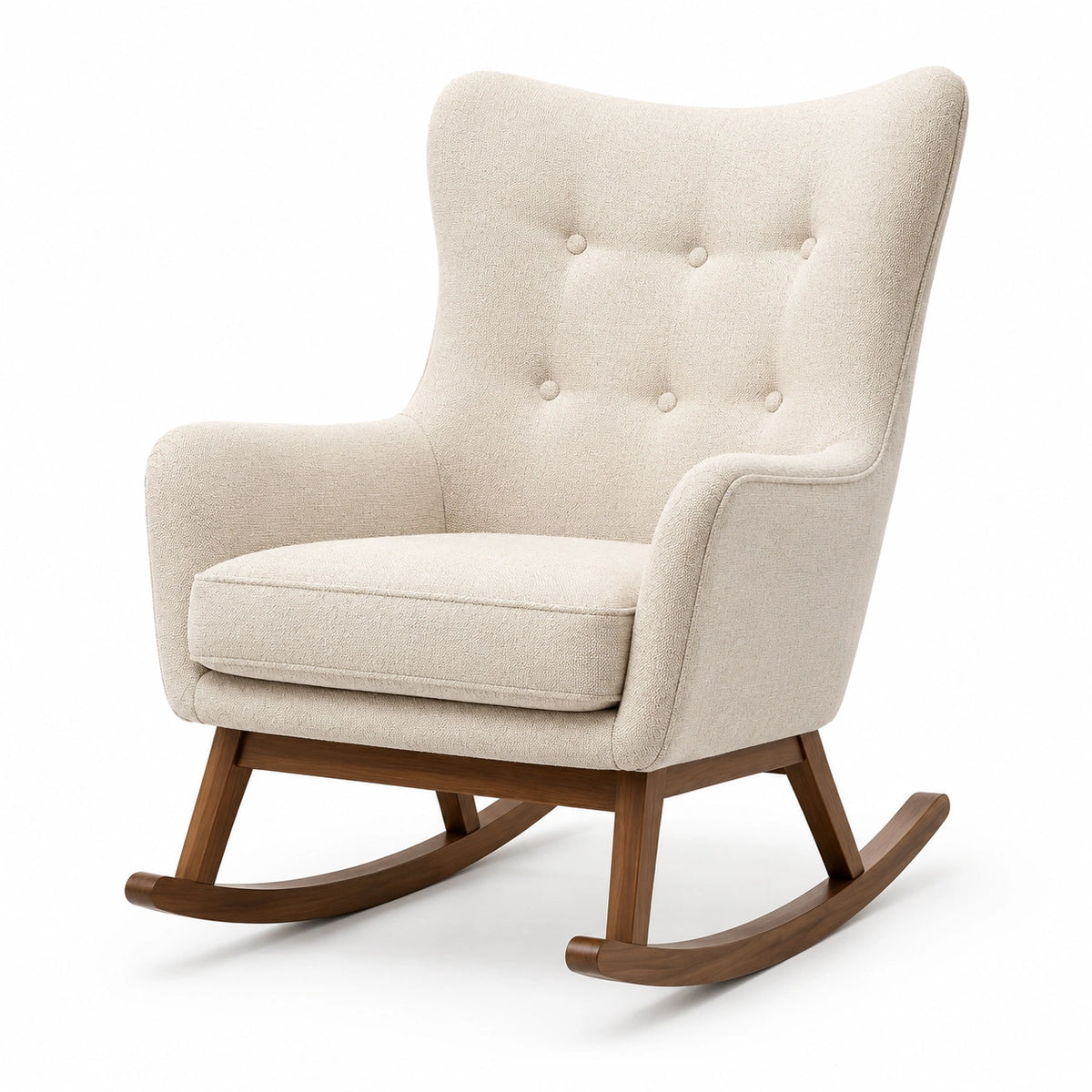 Sillón mecedora de tela beige con base de madera