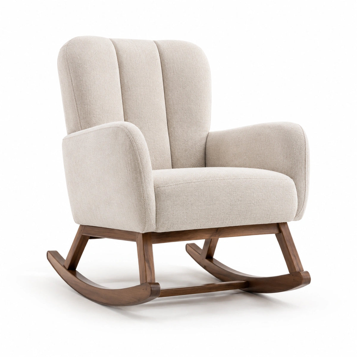 Mecedora de tela beige y madera de nogal 85x70x95 cm
