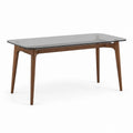 Mesa de comedor de vidrio templado gris y patas de madera maciza