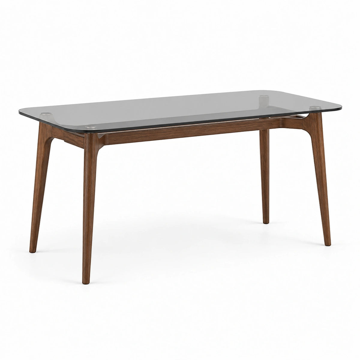 Mesa de comedor de vidrio templado gris y patas de madera maciza